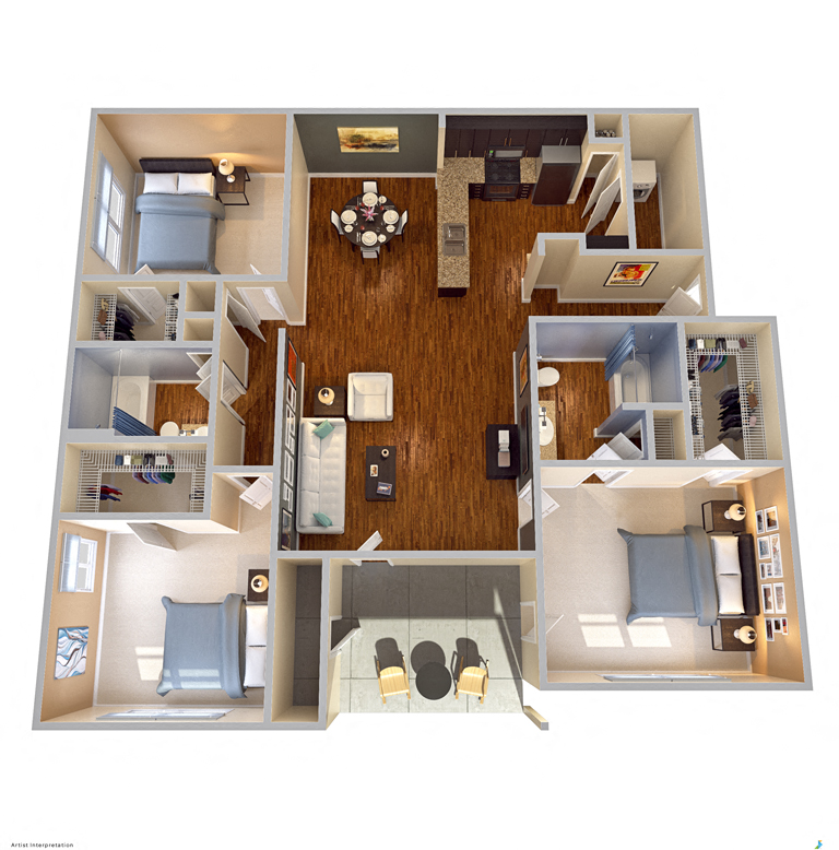Floor plan for 3 beds, 2 baths, 1366 sqft